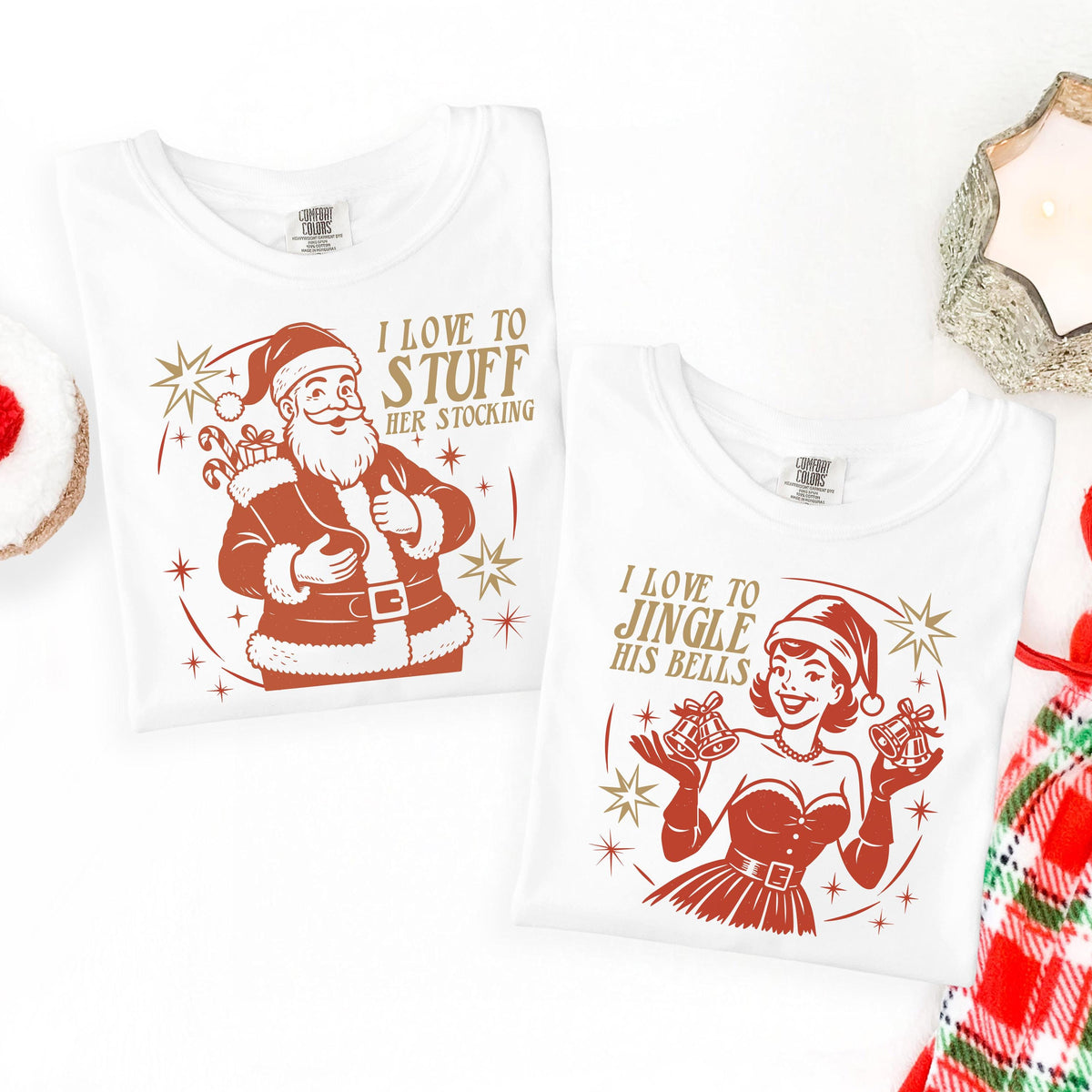 Funny Matching Christmas Shirts, Naughty Santa Couple Tee Set