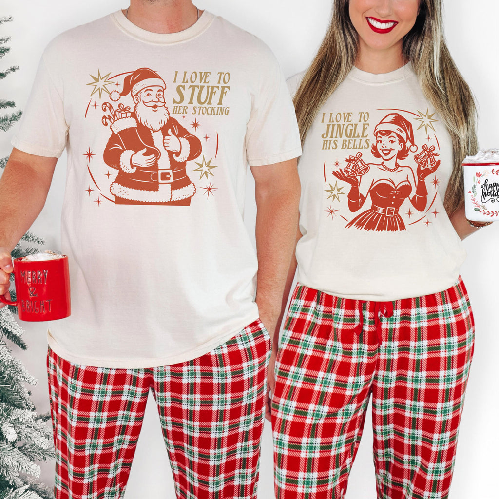 Funny Matching Christmas Shirts, Naughty Santa Couple Tee Set