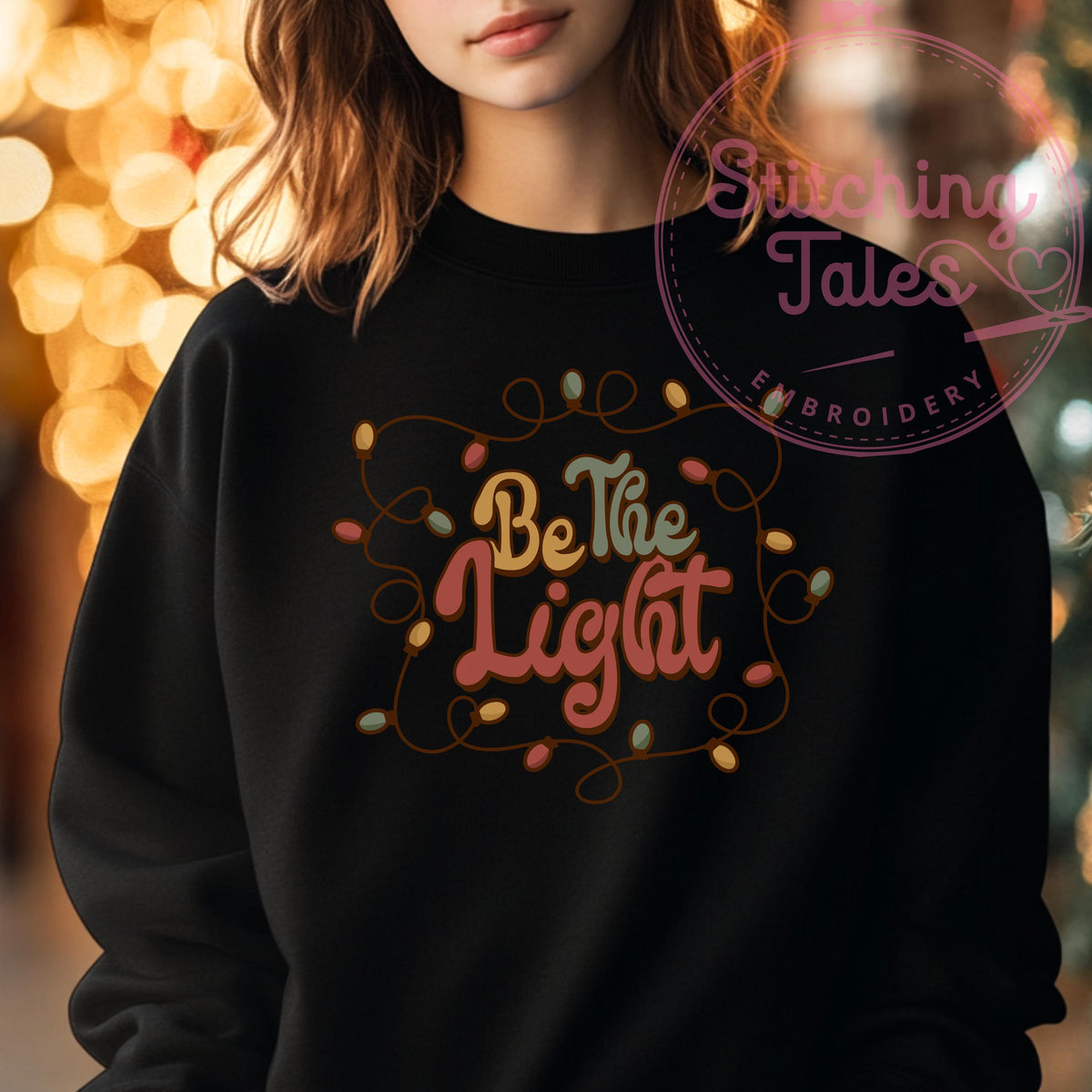 Be The Light Sweatshirt, Pink Christmas Lights Crewneck, Gildan 18000
