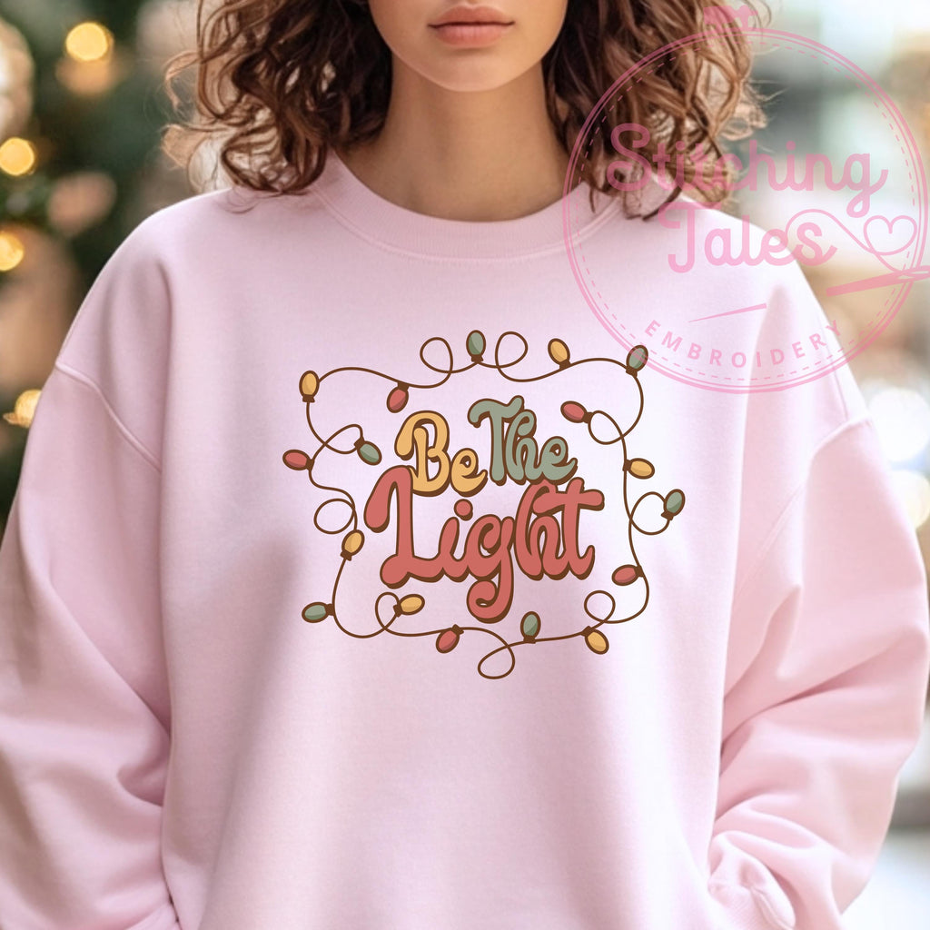 Be The Light Sweatshirt, Pink Christmas Lights Crewneck, Gildan 18000