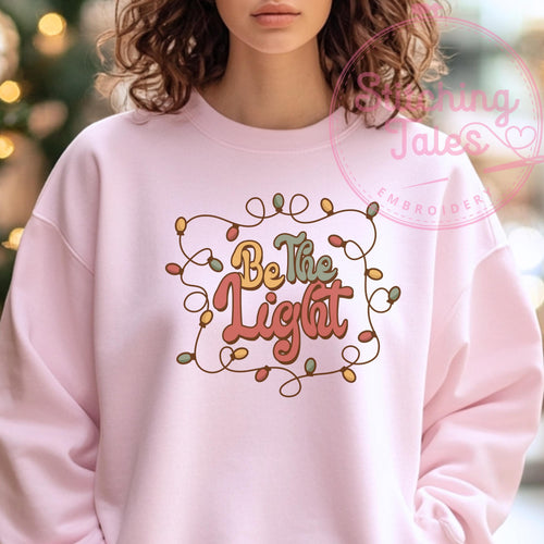 Be The Light Sweatshirt, Pink Christmas Lights Crewneck, Gildan 18000