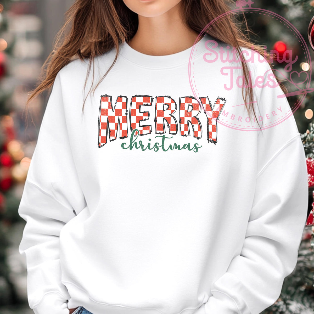 Merry Christmas Checkered Crewneck Sweatshirt, Festive Holiday Top