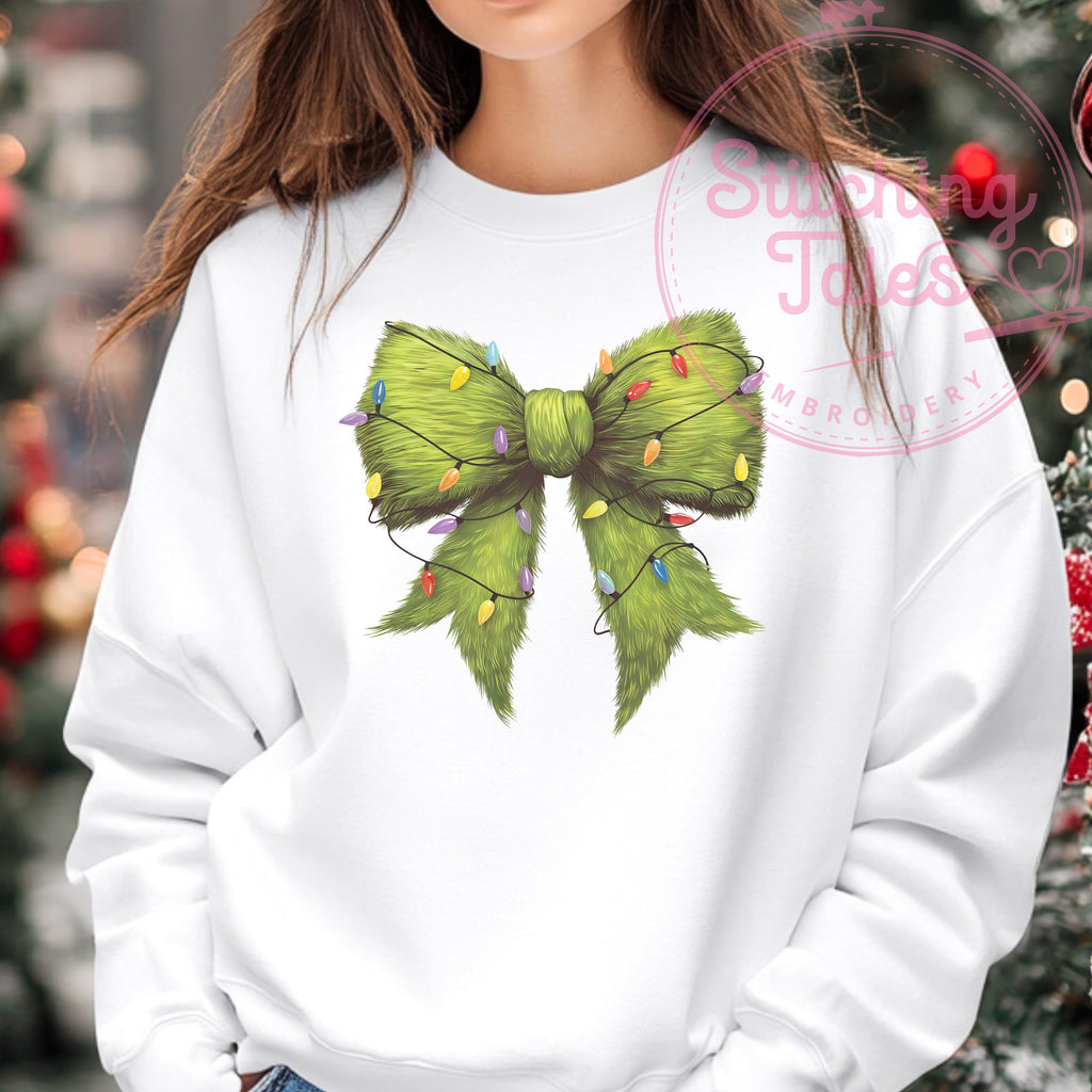 Grinch Bow Christmas Sweatshirt, Funny Holiday Lights Crewneck