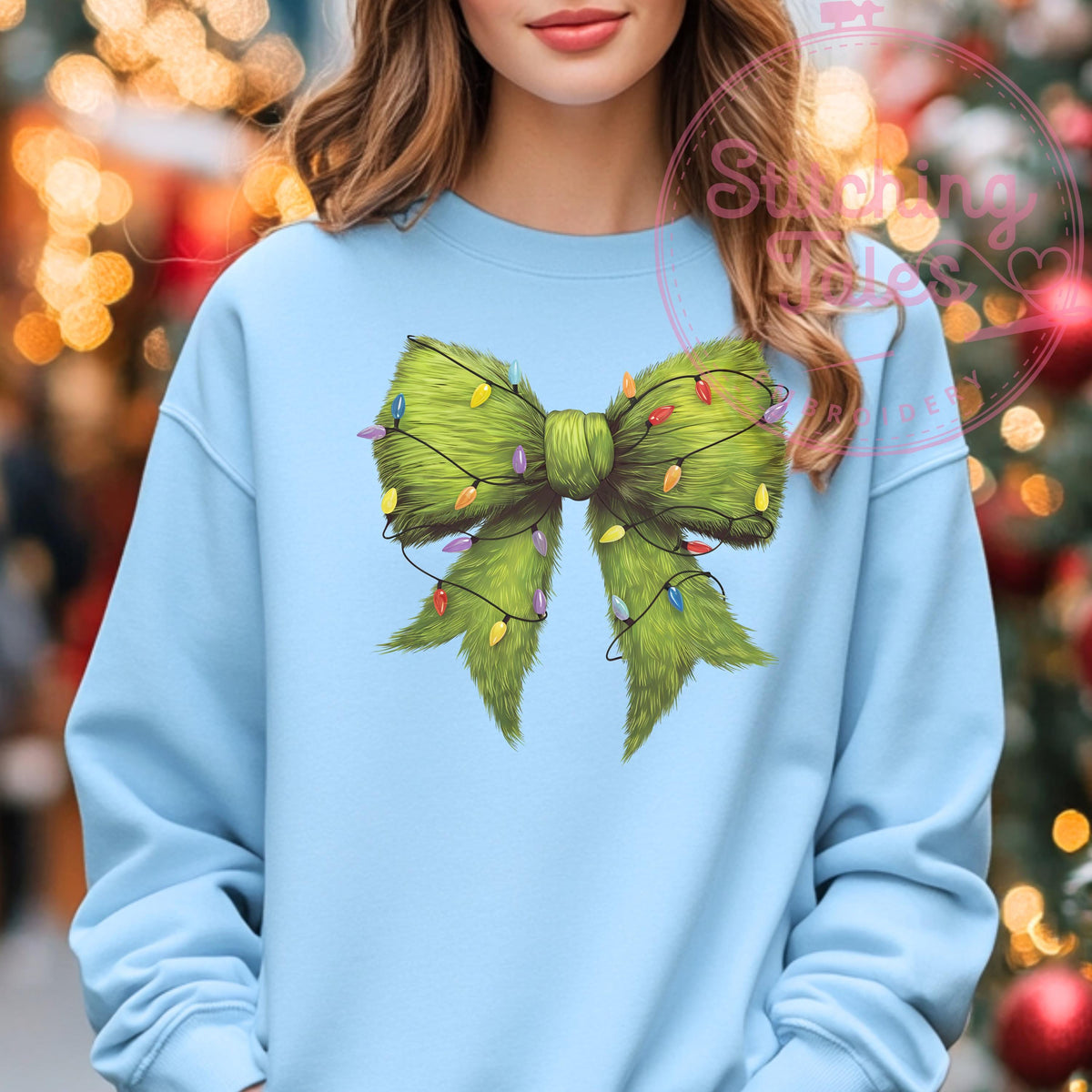 Grinch Bow Christmas Sweatshirt, Funny Holiday Lights Crewneck