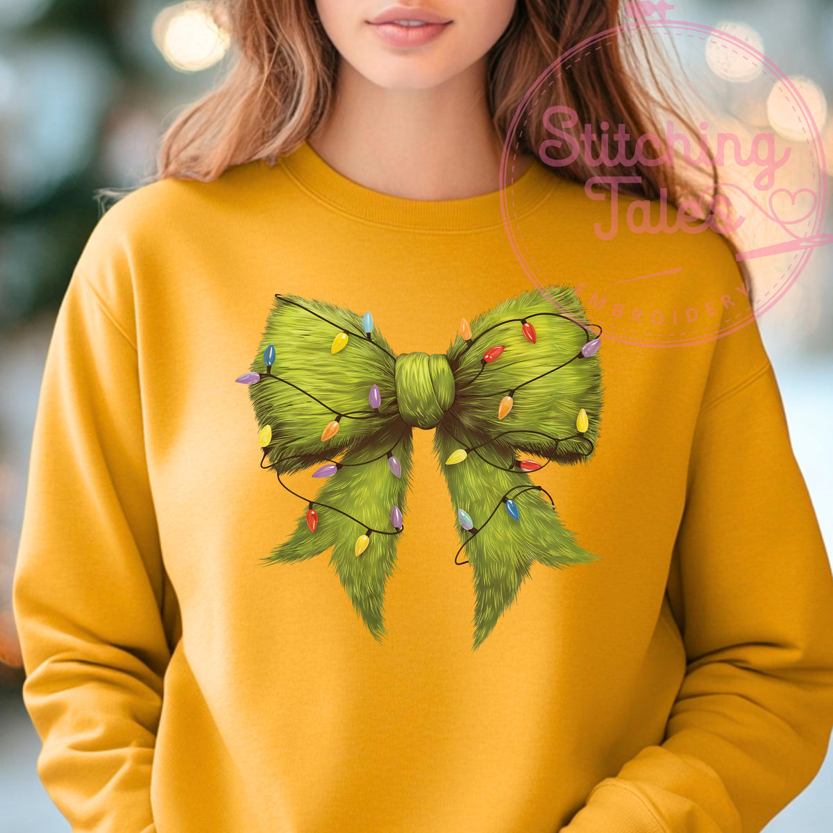 Grinch Bow Christmas Sweatshirt, Funny Holiday Lights Crewneck