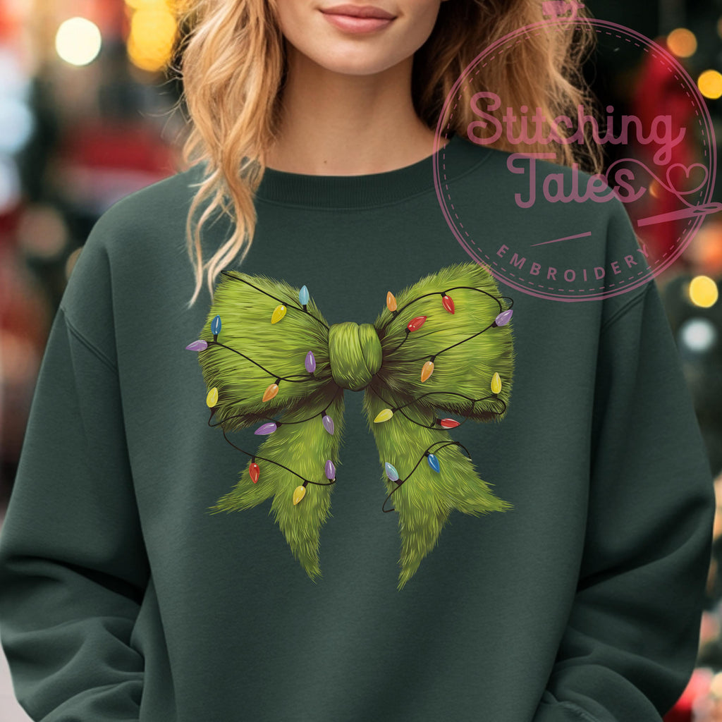 Grinch Bow Christmas Sweatshirt, Funny Holiday Lights Crewneck
