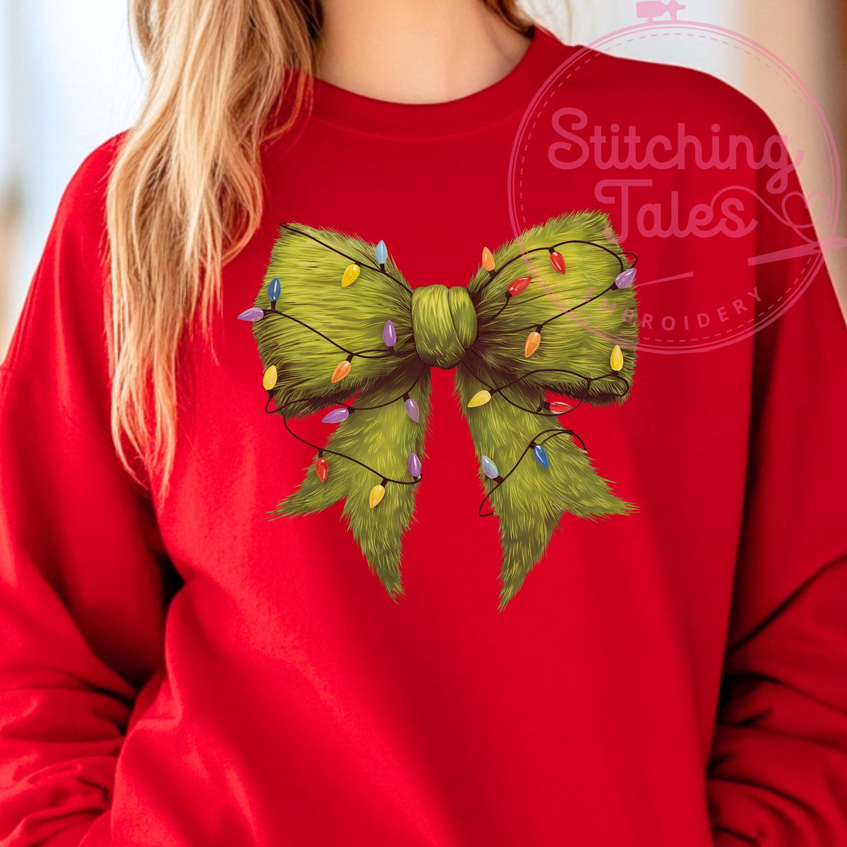 Grinch Bow Christmas Sweatshirt, Funny Holiday Lights Crewneck