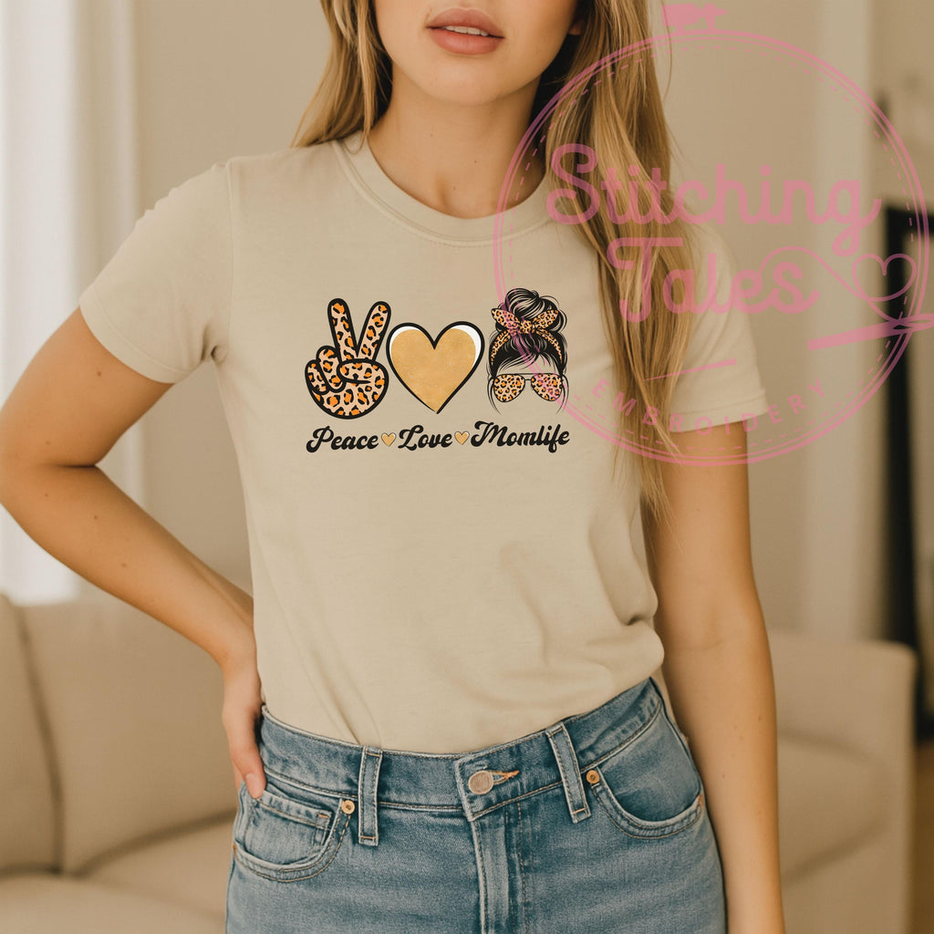 Peace Love Momlife Shirt, Leopard Print Mom Tee, Gildan 64000