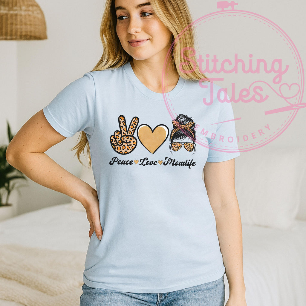 Peace Love Momlife Shirt, Leopard Print Mom Tee, Gildan 64000