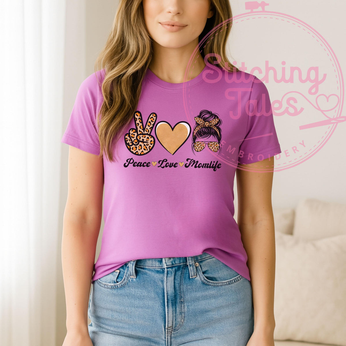 Peace Love Momlife Shirt, Leopard Print Mom Tee, Gildan 64000