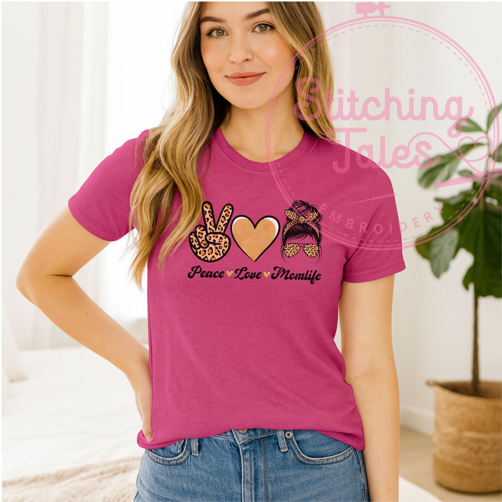 Peace Love Momlife Shirt, Leopard Print Mom Tee, Gildan 64000