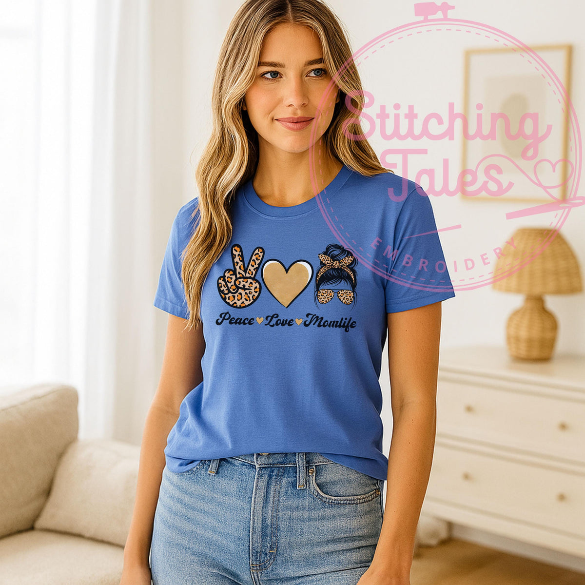 Peace Love Momlife Shirt, Leopard Print Mom Tee, Gildan 64000