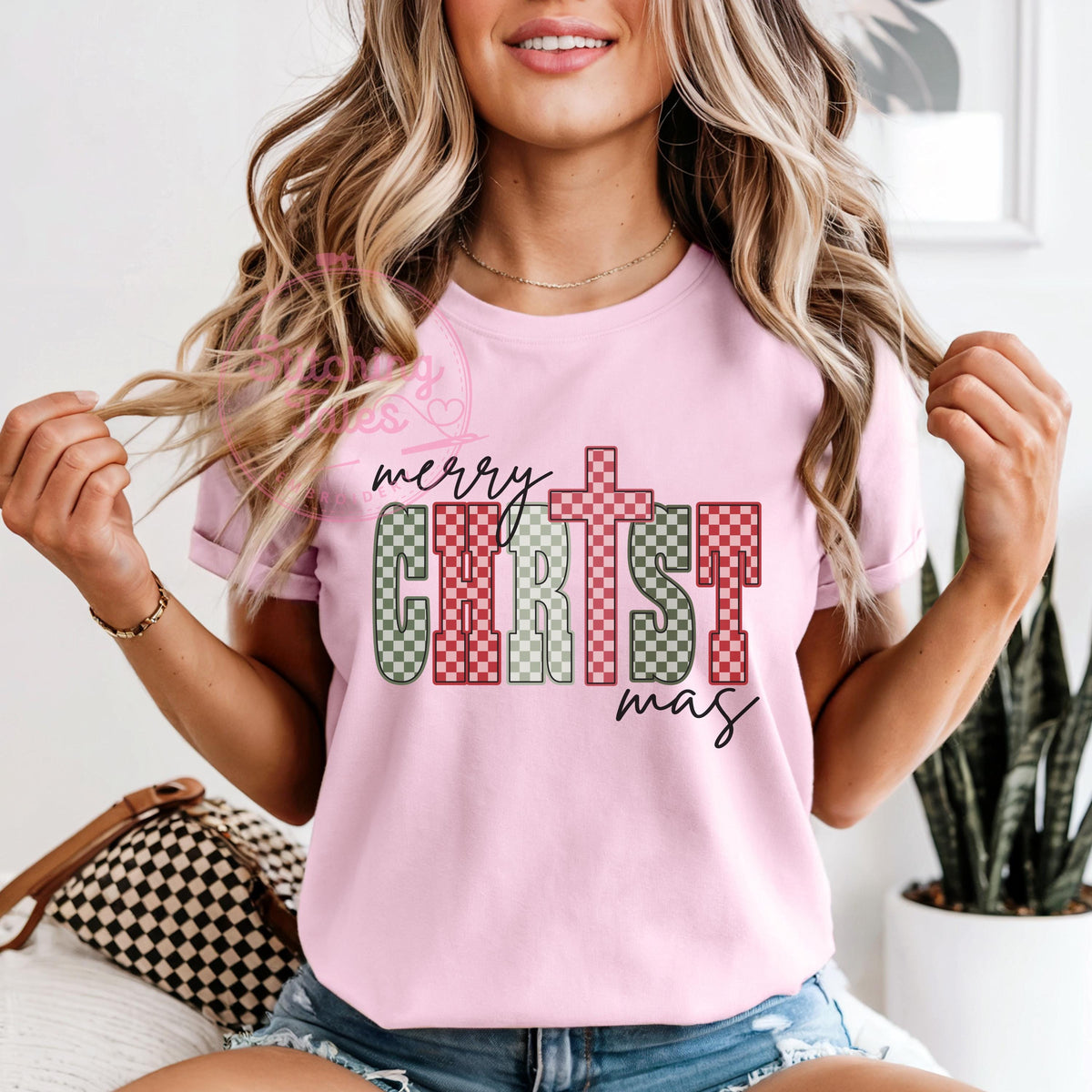 Merry Christmas Tee, Plaid Cross, Comfort Colors Shirt