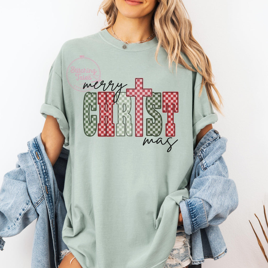 Merry Christmas Tee, Plaid Cross, Comfort Colors Shirt