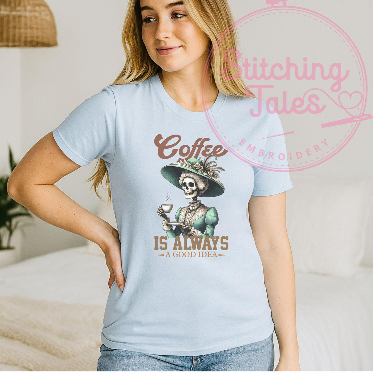 Coffee Skeleton Tee, Gothic Humor, Coffee Lover Shirt
