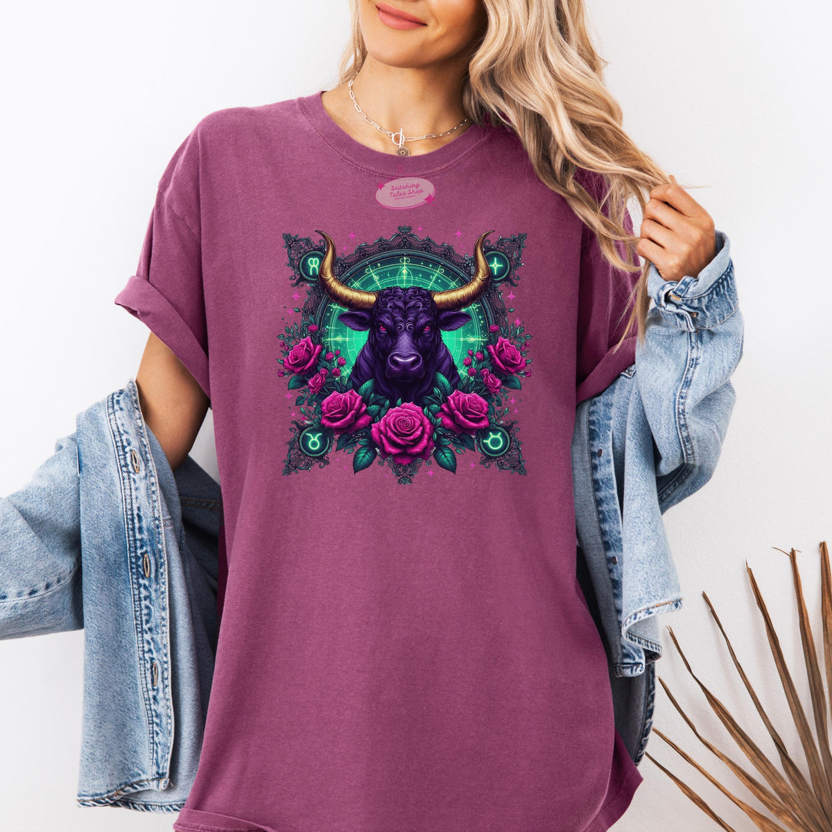 Taurus Zodiac Comfort Colors Tee, Celestial Bull & Roses