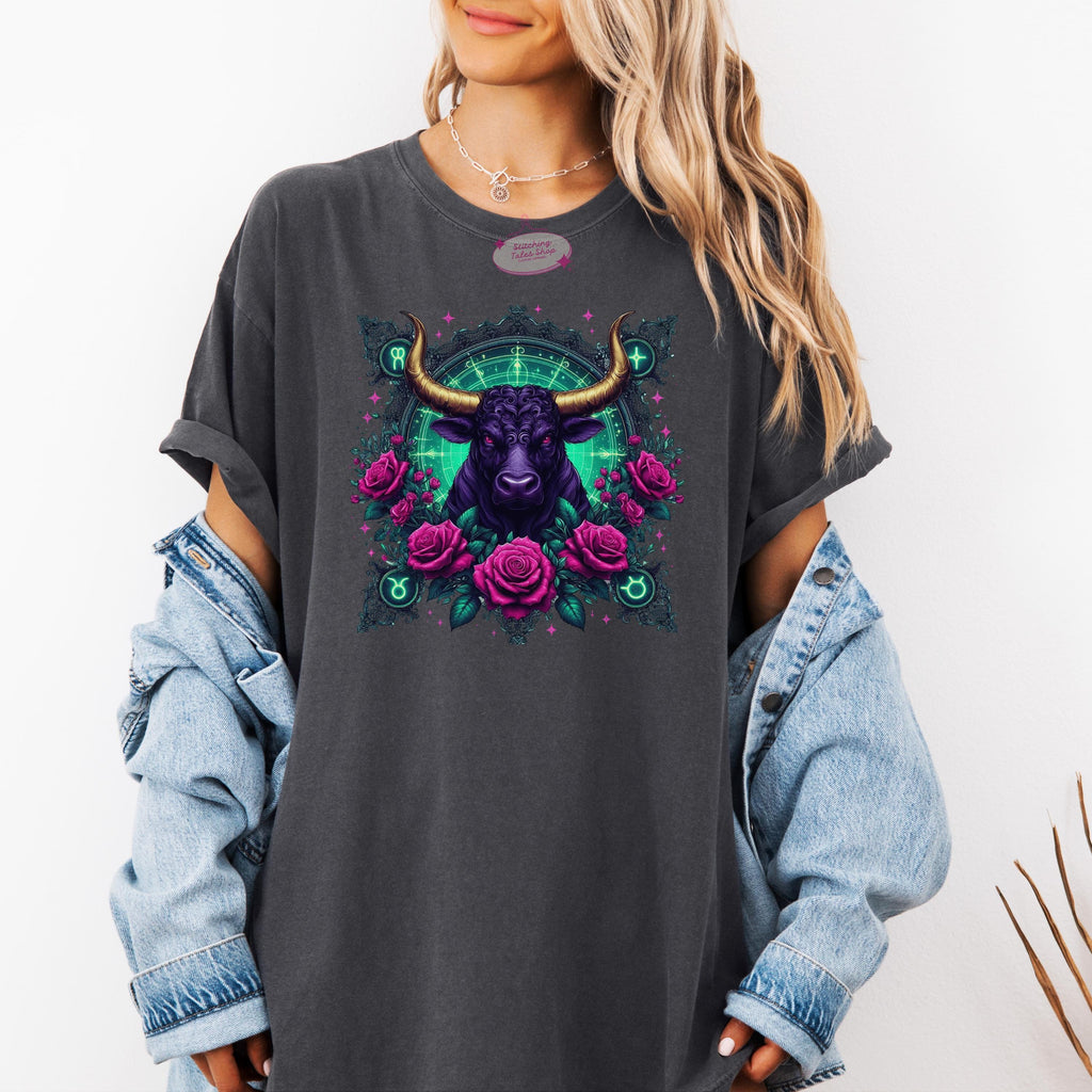 Taurus Zodiac Comfort Colors Tee, Celestial Bull & Roses