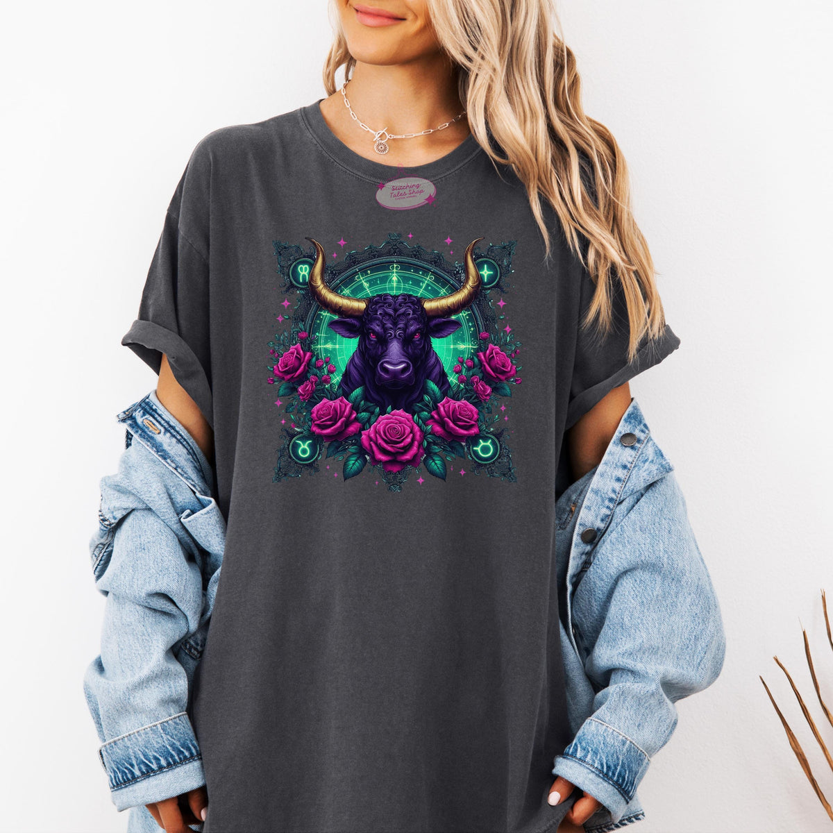 Taurus Zodiac Comfort Colors Tee, Celestial Bull & Roses