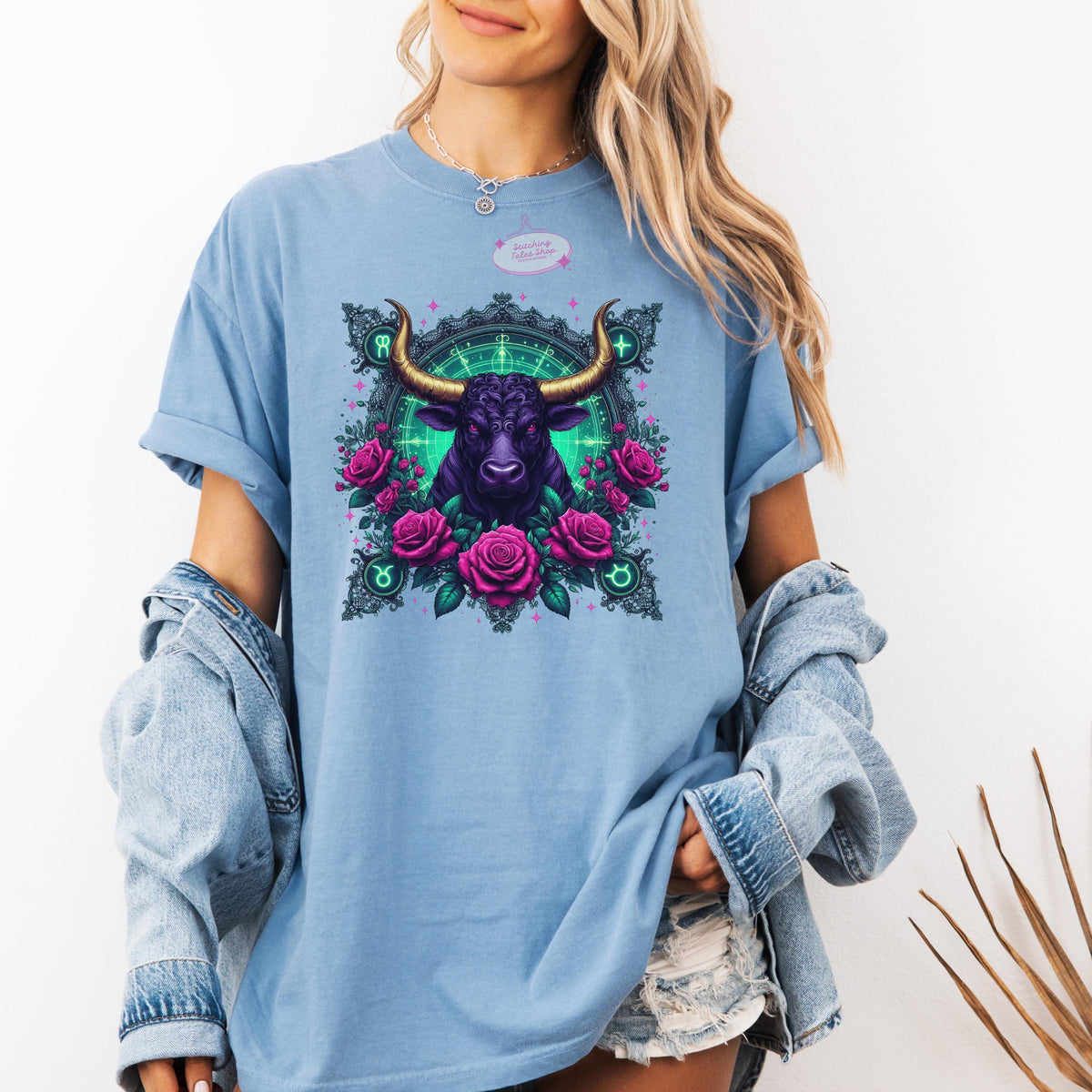 Taurus Zodiac Comfort Colors Tee, Celestial Bull & Roses