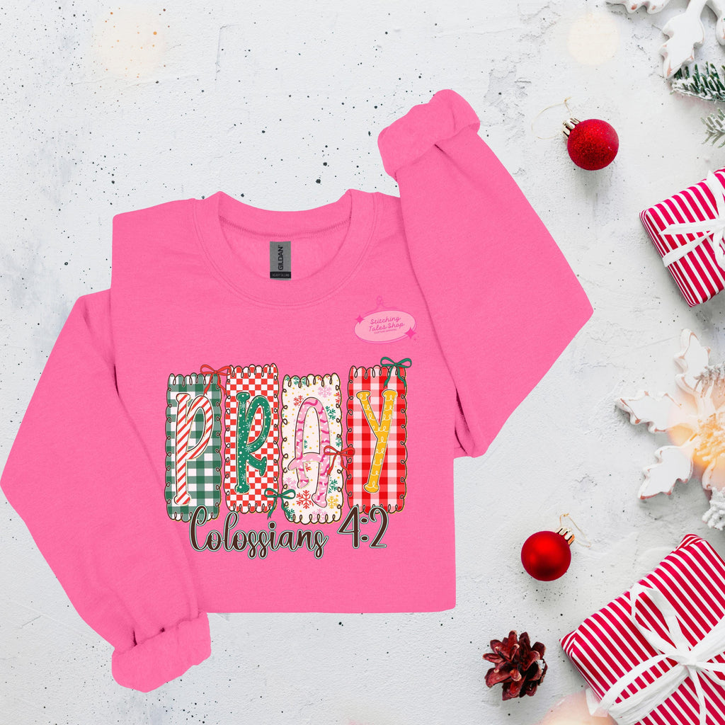 Pray Colossians 4:2 Shirt, Christian Christmas Shirt, Faith Patchwork Tee or Gildan Sweatshirt
