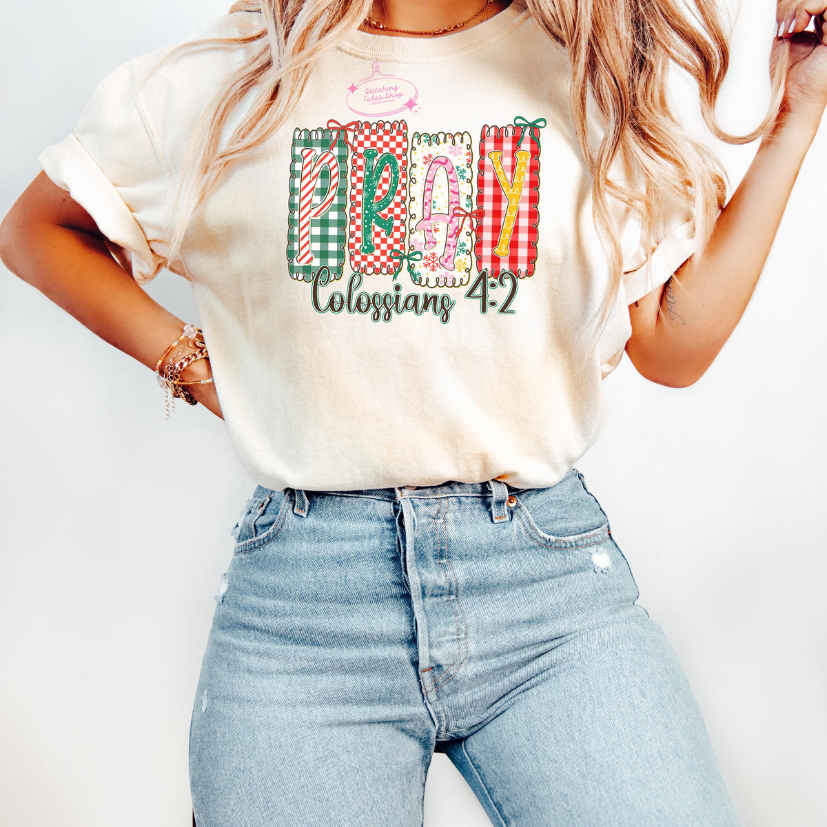 Pray Colossians 4:2 Shirt, Christian Christmas Shirt, Faith Patchwork Tee or Gildan Sweatshirt