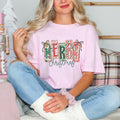 Merry Christmas Shirt, Pink Festive Bows, Patterned Letter Tee