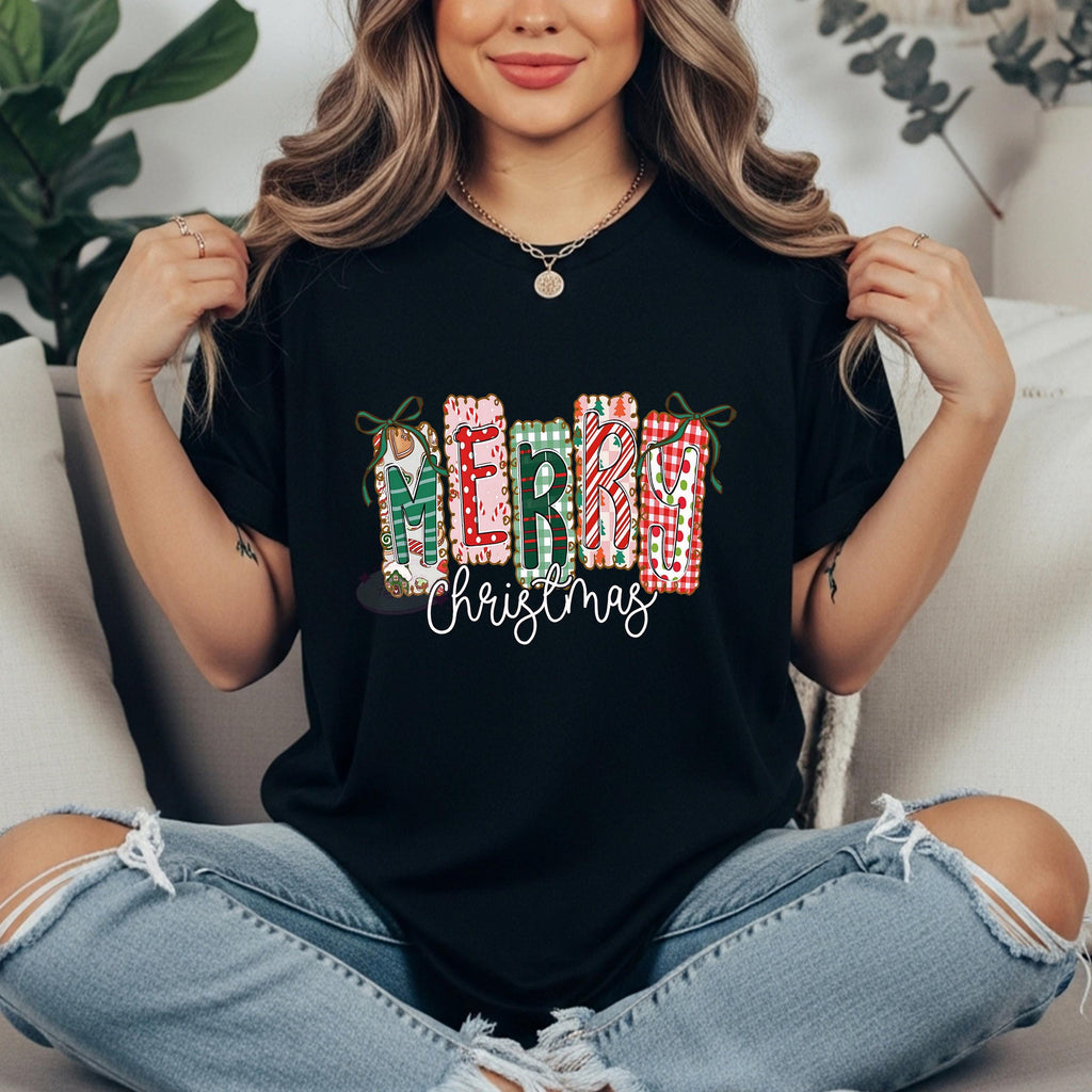 Merry Christmas Shirt, Pink Festive Bows, Patterned Letter Tee