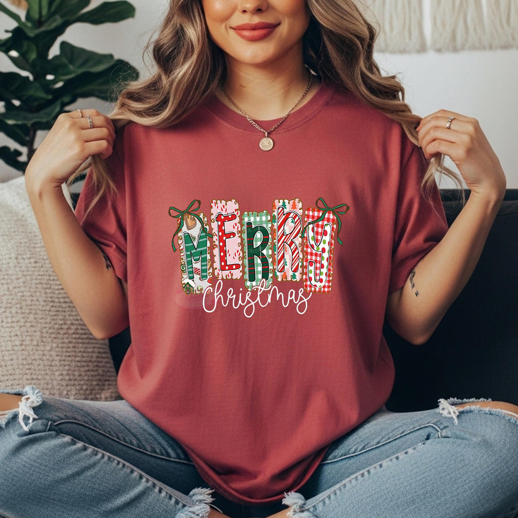Merry Christmas Shirt, Pink Festive Bows, Patterned Letter Tee
