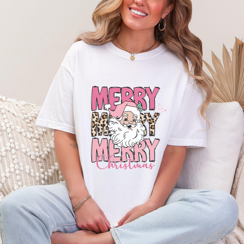 Pink Santa Christmas Shirt, Retro Leopard Print Tee