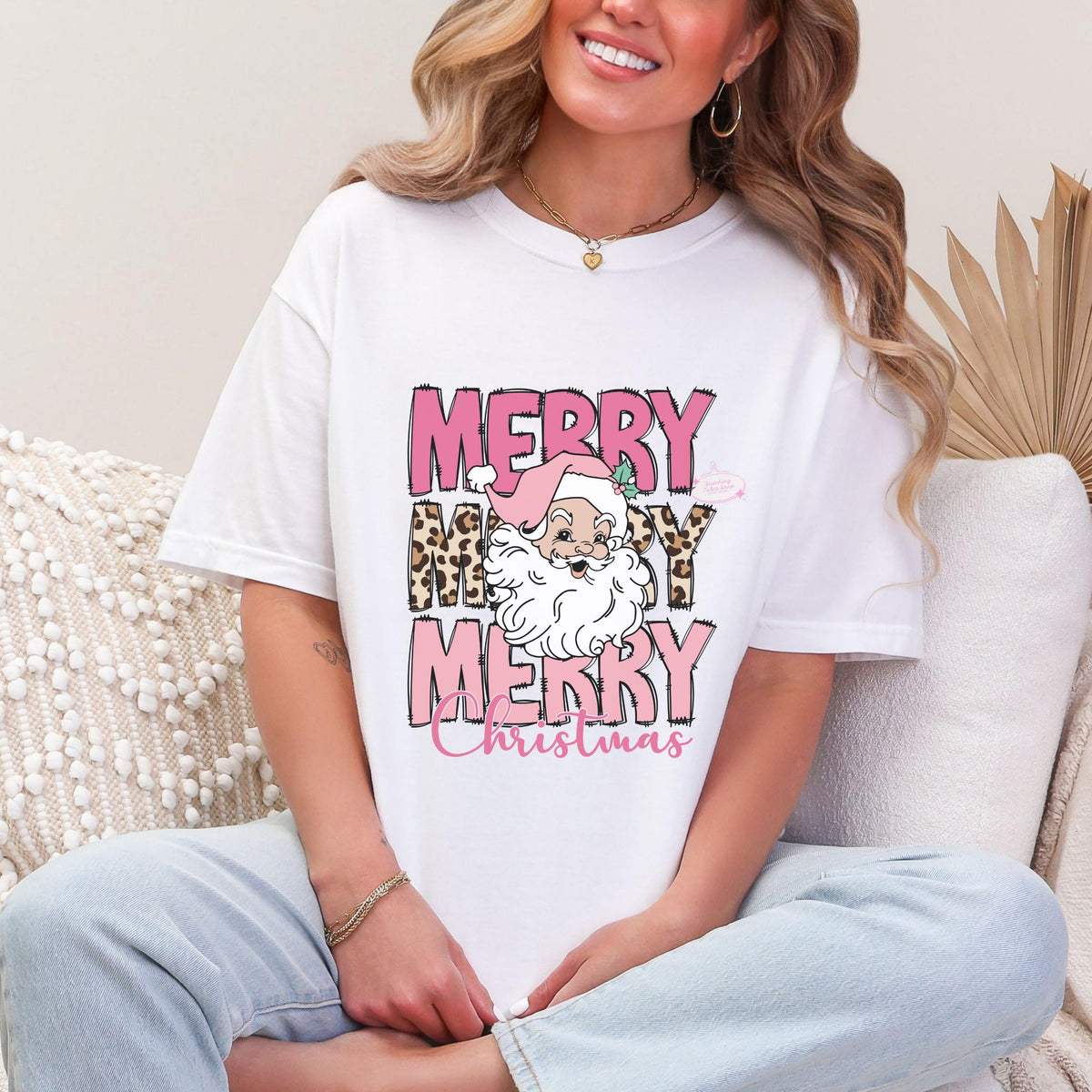 Pink Santa Christmas Shirt, Retro Leopard Print Tee