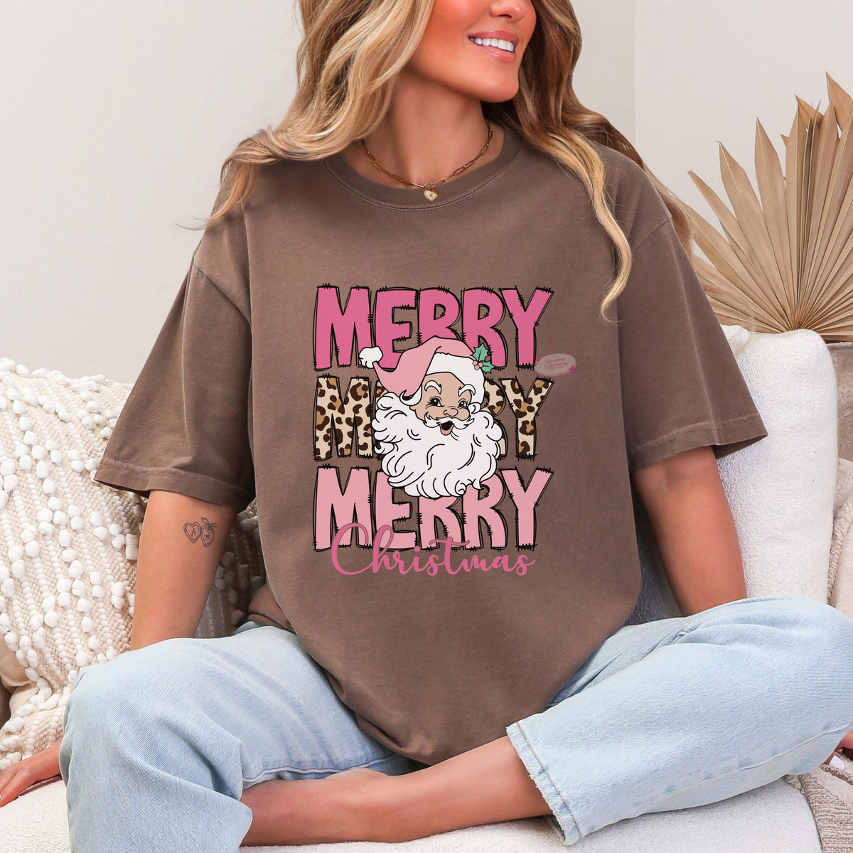 Pink Santa Christmas Shirt, Retro Leopard Print Tee