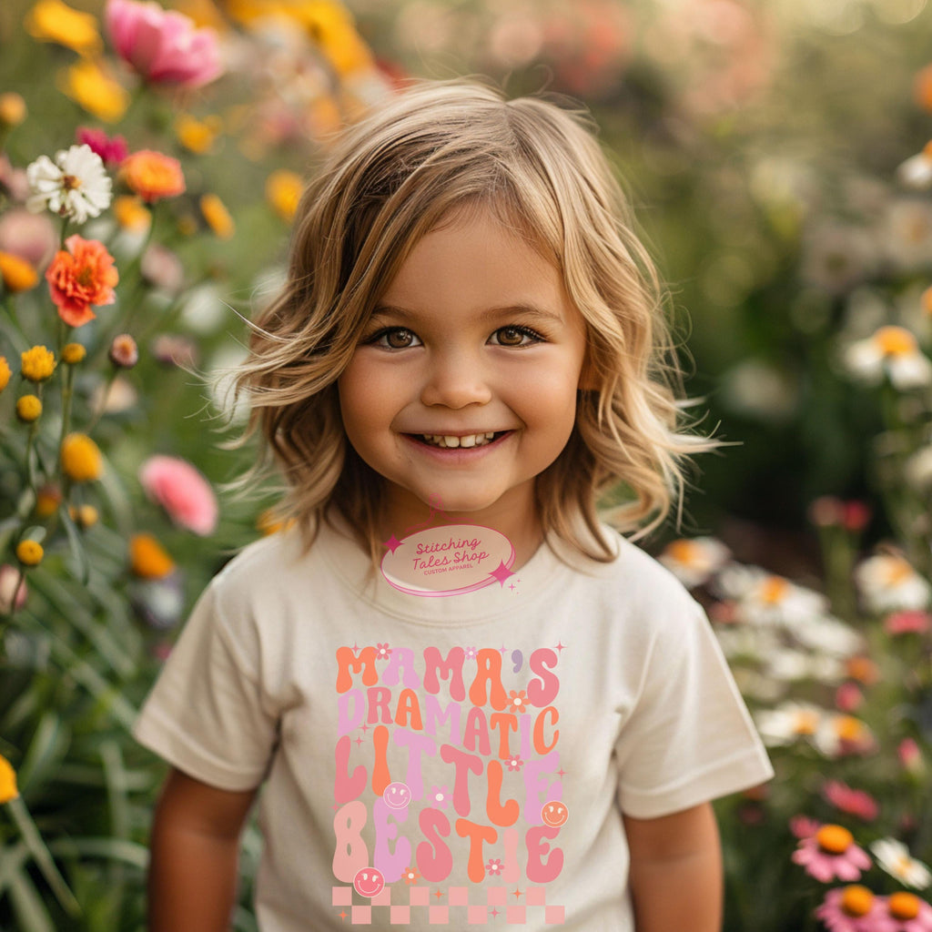 Mama's Dramatic Little Bestie Toddler Shirt, Retro Groovy Tee