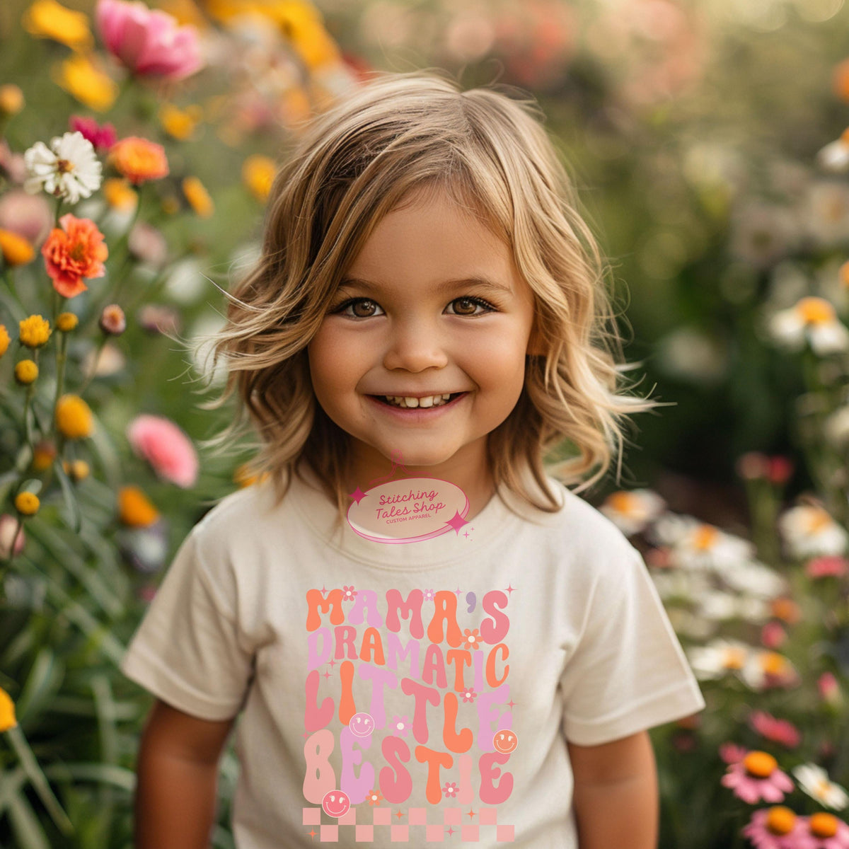 Mama's Dramatic Little Bestie Toddler Shirt, Retro Groovy Tee