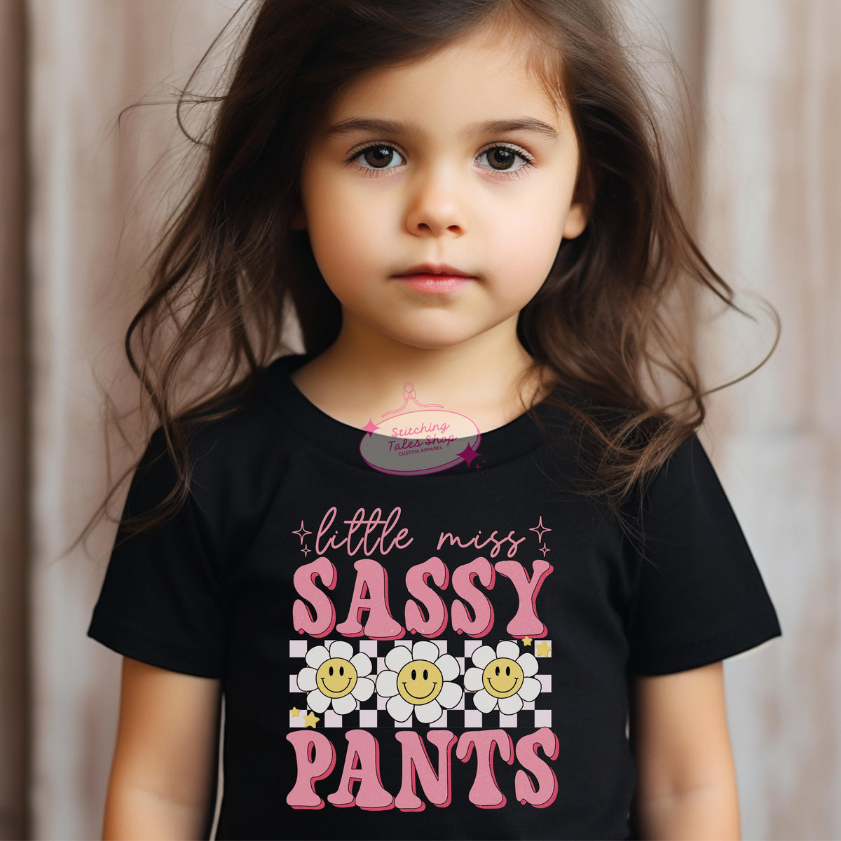 Little Miss Sassy Pants Toddler Tee, Retro Smiley Flower, Bella Canvas 3001T