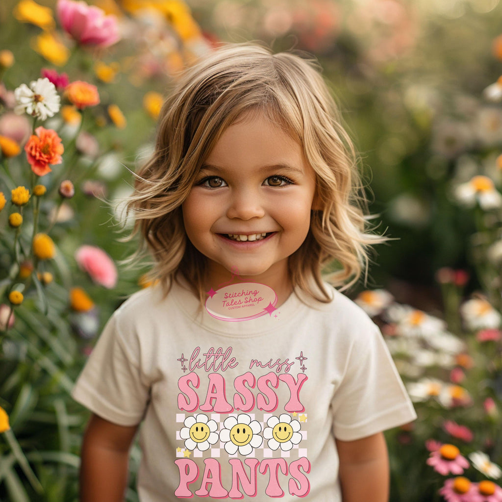 Little Miss Sassy Pants Toddler Tee, Retro Smiley Flower, Bella Canvas 3001T