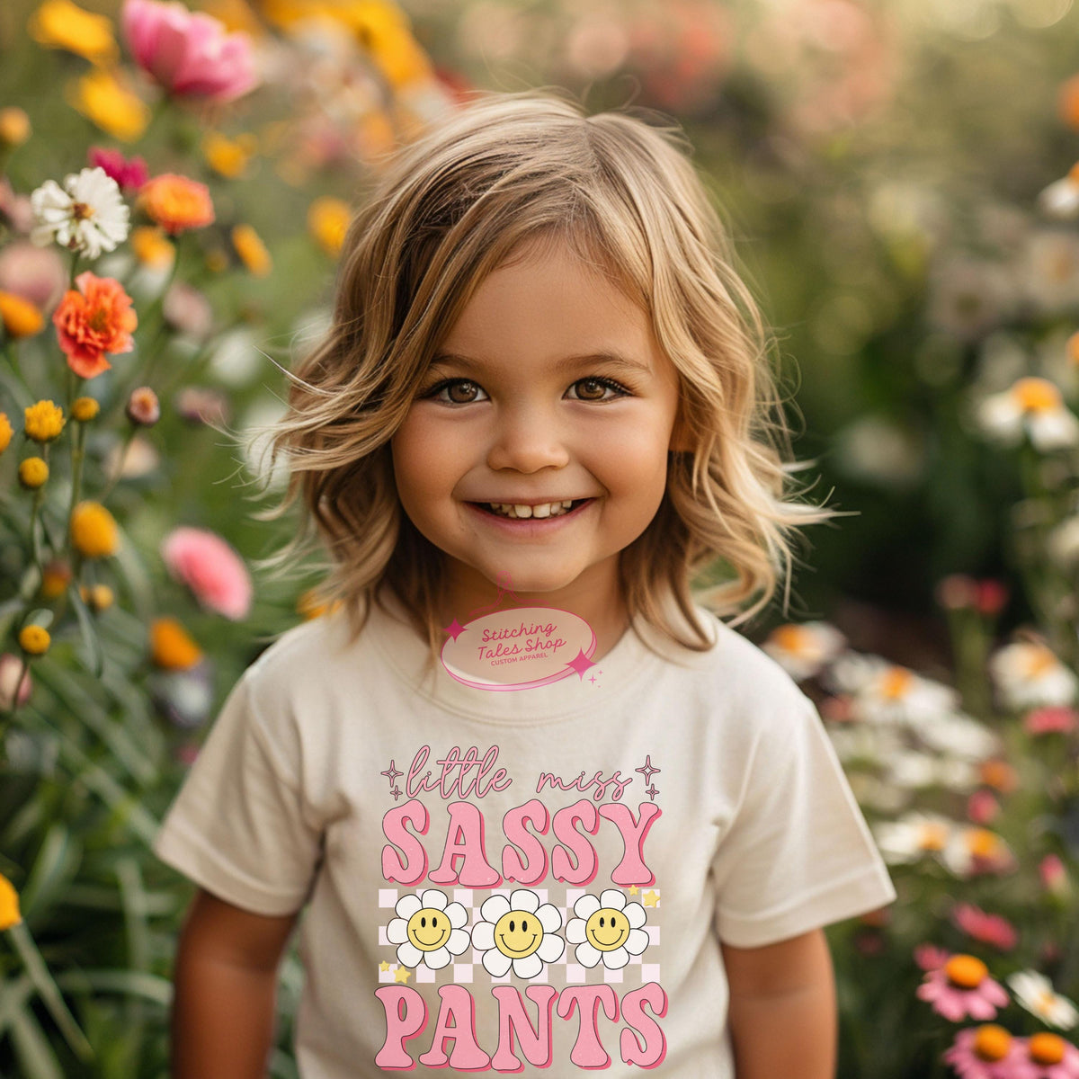 Little Miss Sassy Pants Toddler Tee, Retro Smiley Flower, Bella Canvas 3001T