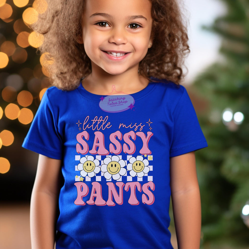 Little Miss Sassy Pants Toddler Tee, Retro Smiley Flower, Bella Canvas 3001T