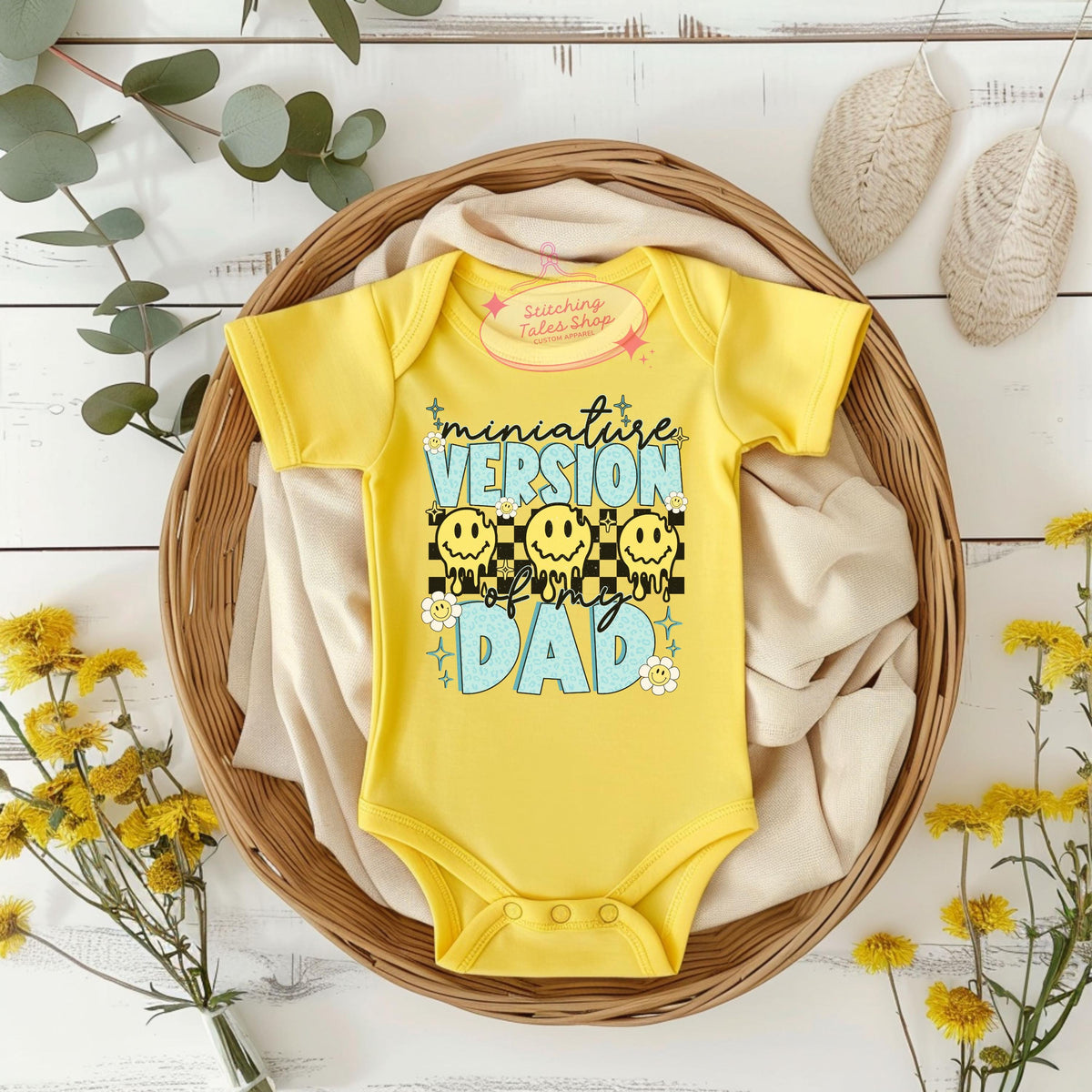 Miniature Dad Bodysuit, Retro Smiley Face Baby Outfit, Father's Day Gift