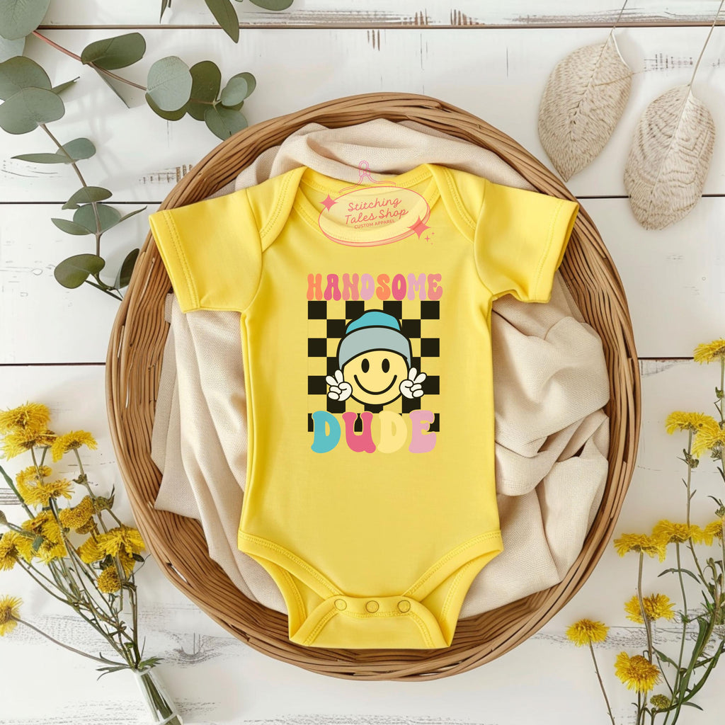 Handsome Dude Baby Onesie, Retro Smiley Face Bodysuit, Rabbit Skins 4424