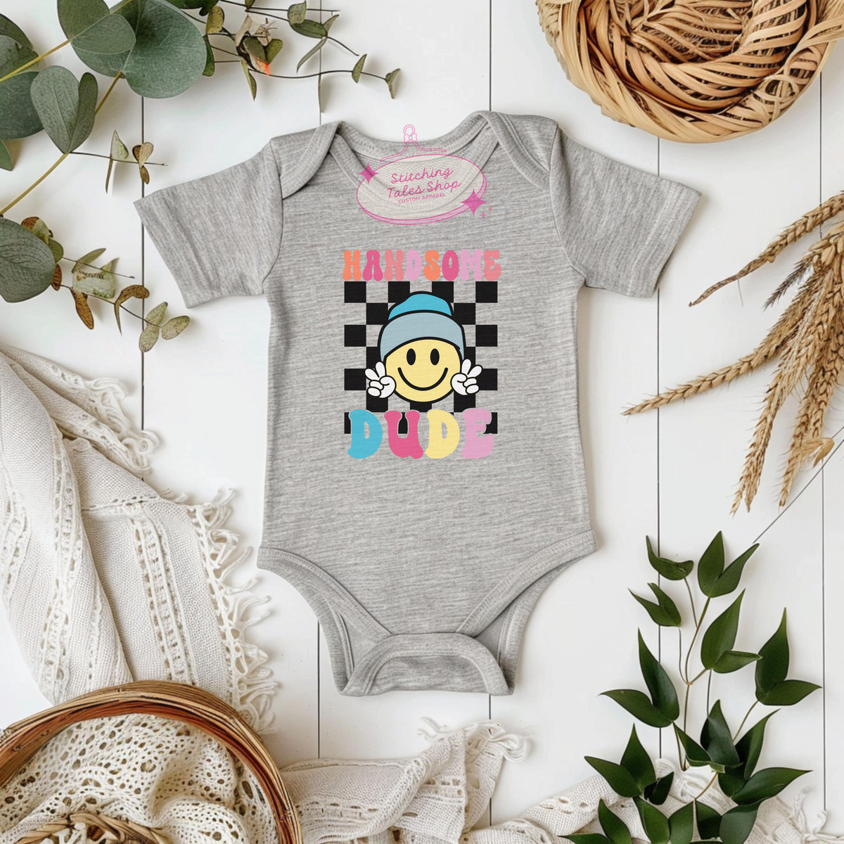 Handsome Dude Baby Onesie, Retro Smiley Face Bodysuit, Rabbit Skins 4424