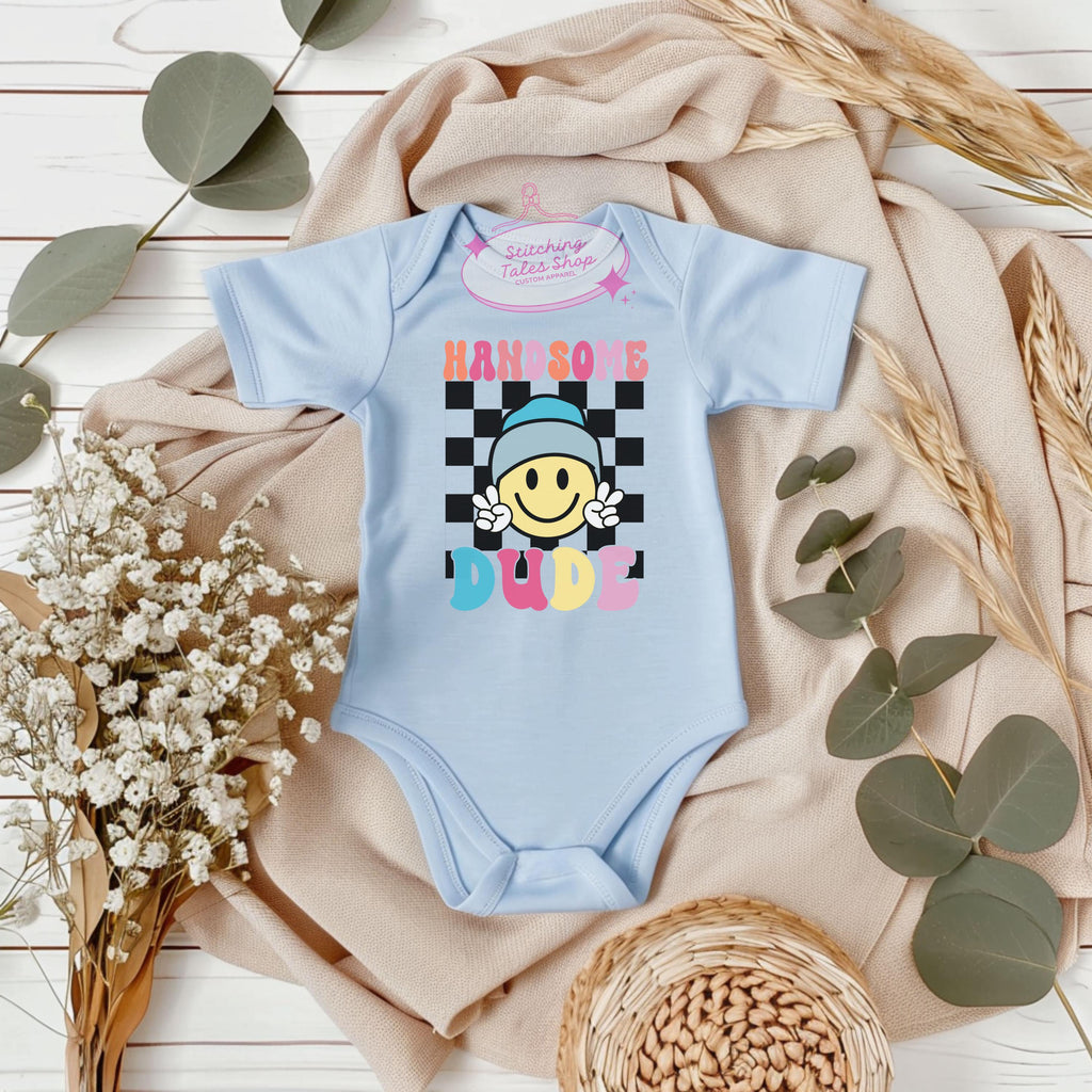 Handsome Dude Baby Onesie, Retro Smiley Face Bodysuit, Rabbit Skins 4424