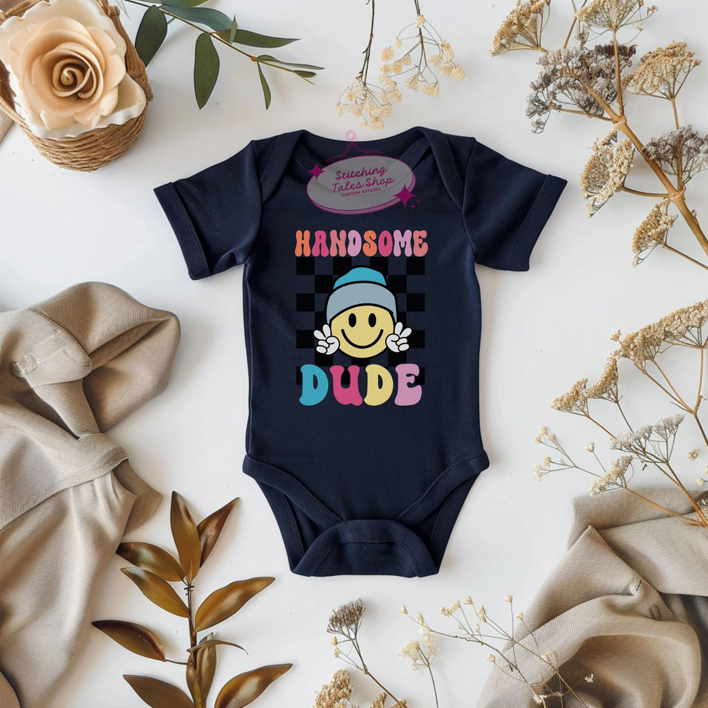 Handsome Dude Baby Onesie, Retro Smiley Face Bodysuit, Rabbit Skins 4424