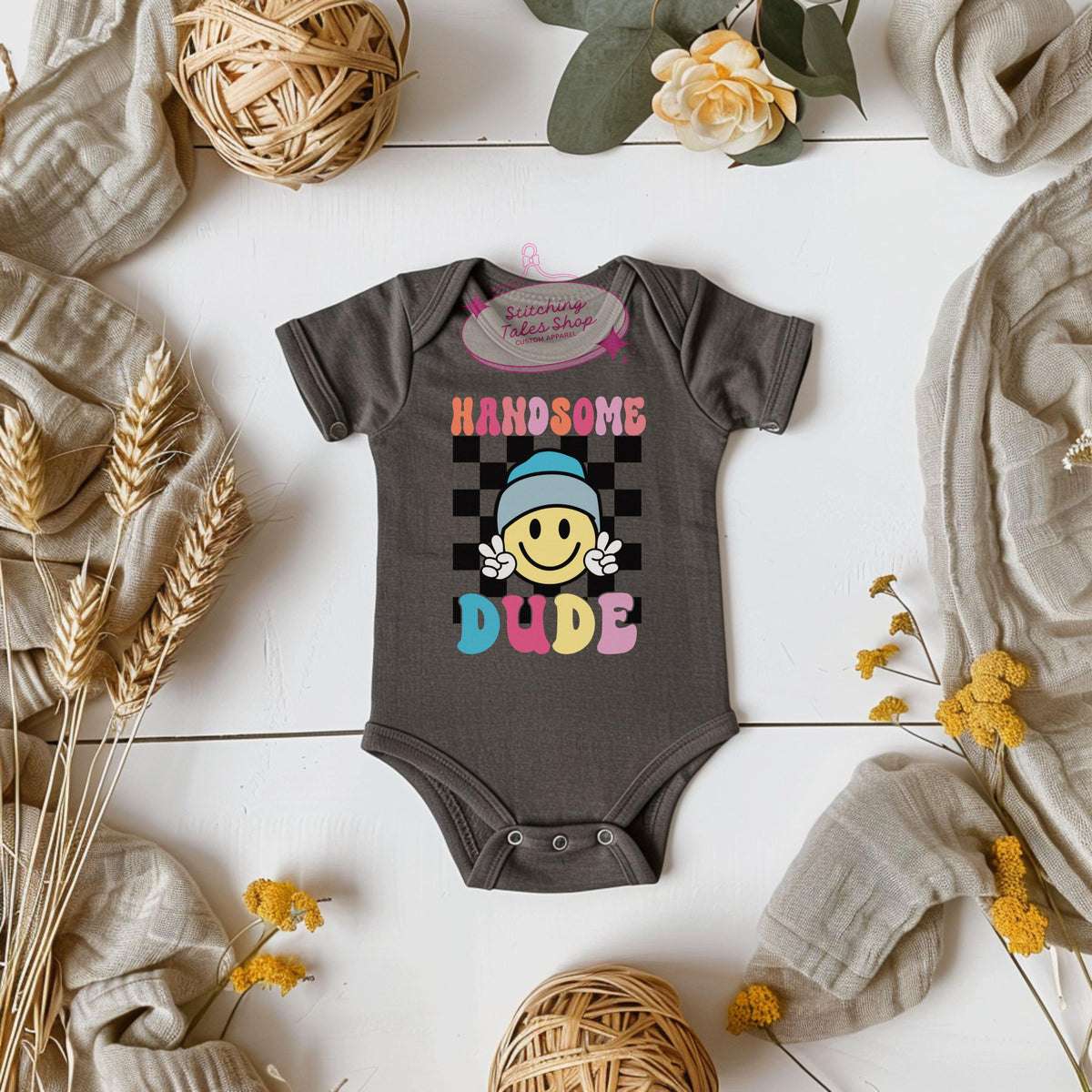 Handsome Dude Baby Onesie, Retro Smiley Face Bodysuit, Rabbit Skins 4424