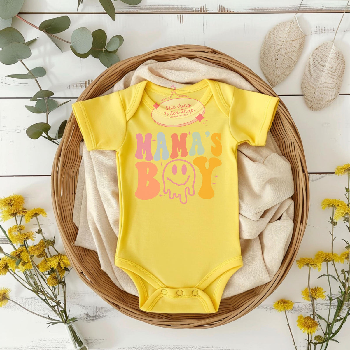 Mama's Boy Baby Onesie, Retro Smiley Face Bodysuit
