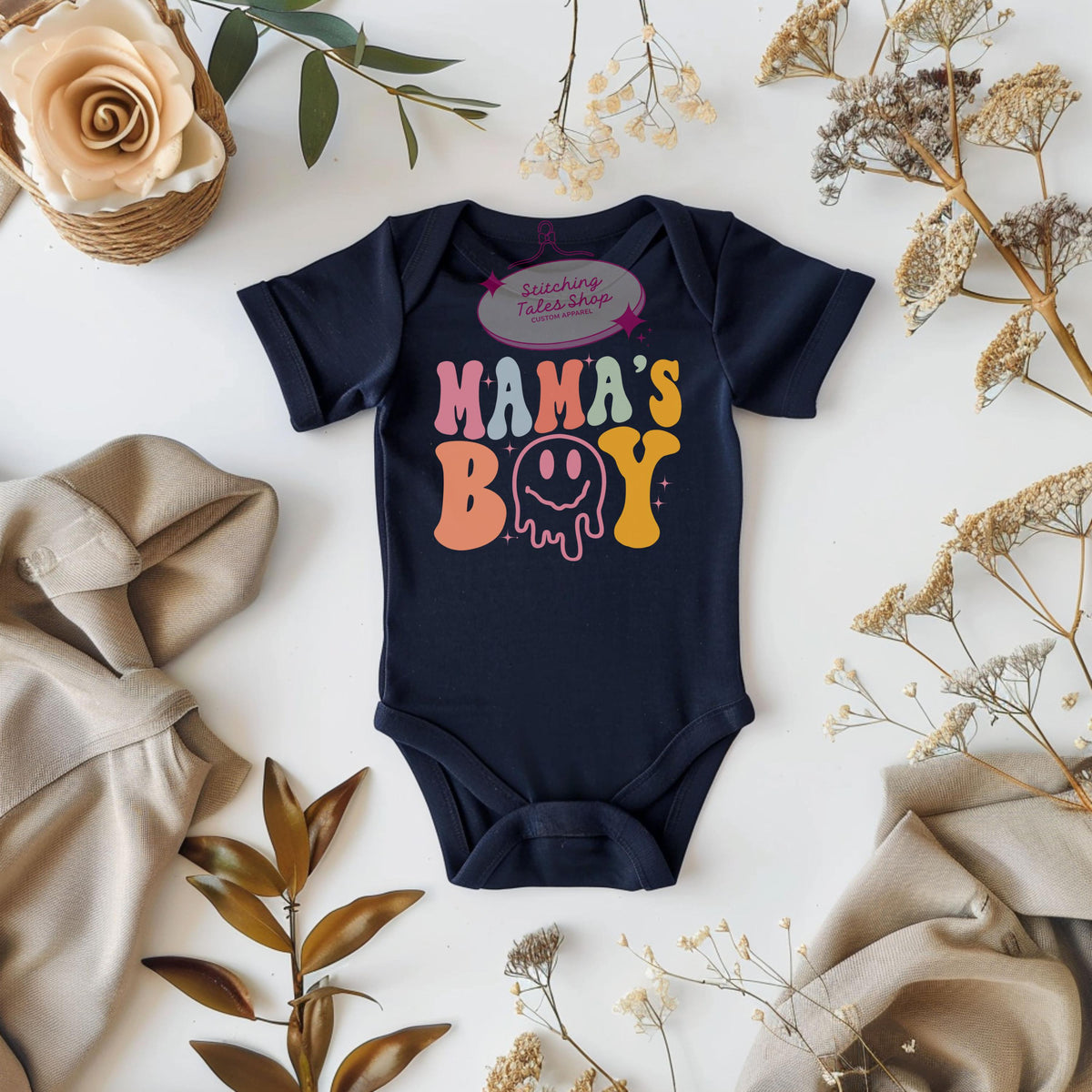 Mama's Boy Baby Onesie, Retro Smiley Face Bodysuit