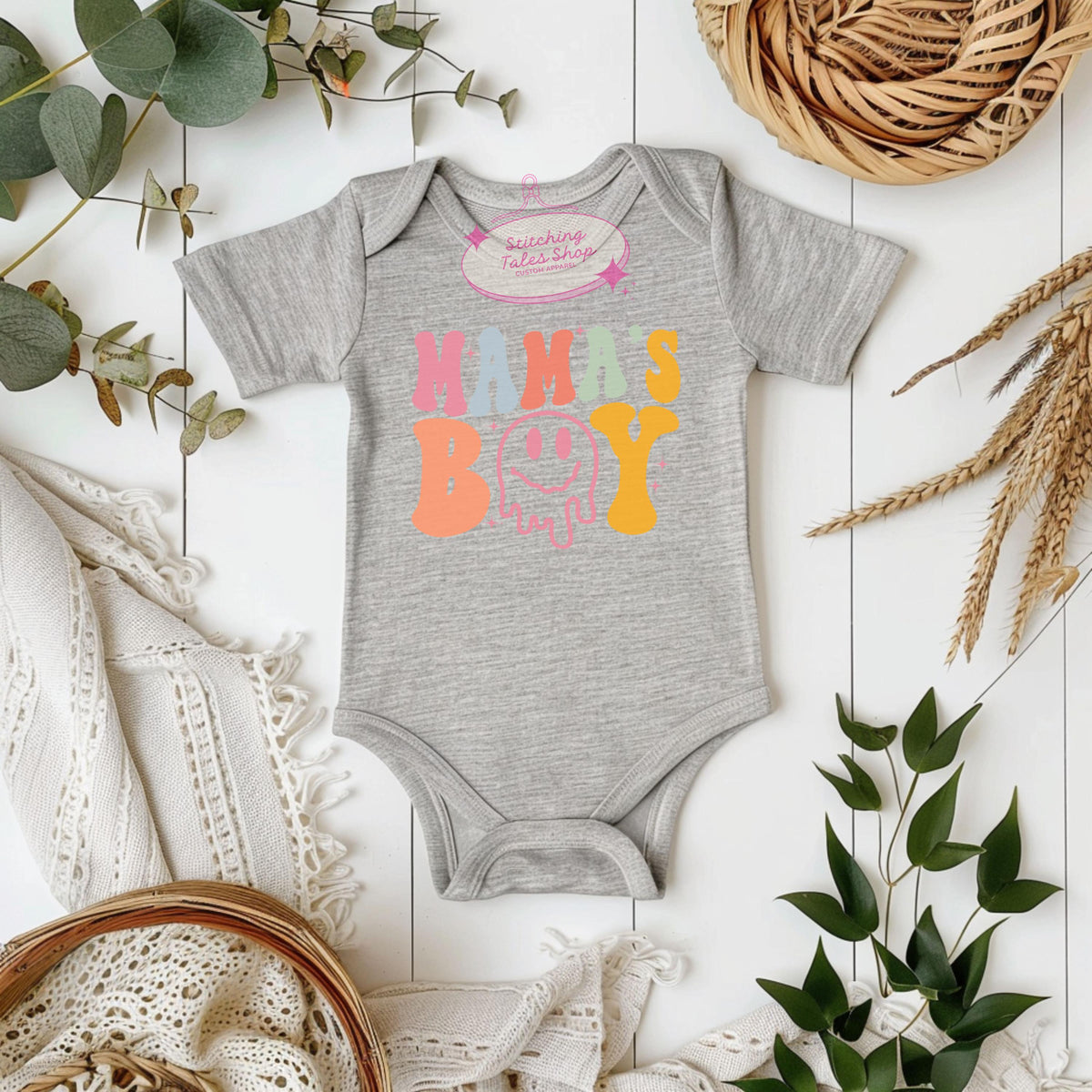 Mama's Boy Baby Onesie, Retro Smiley Face Bodysuit
