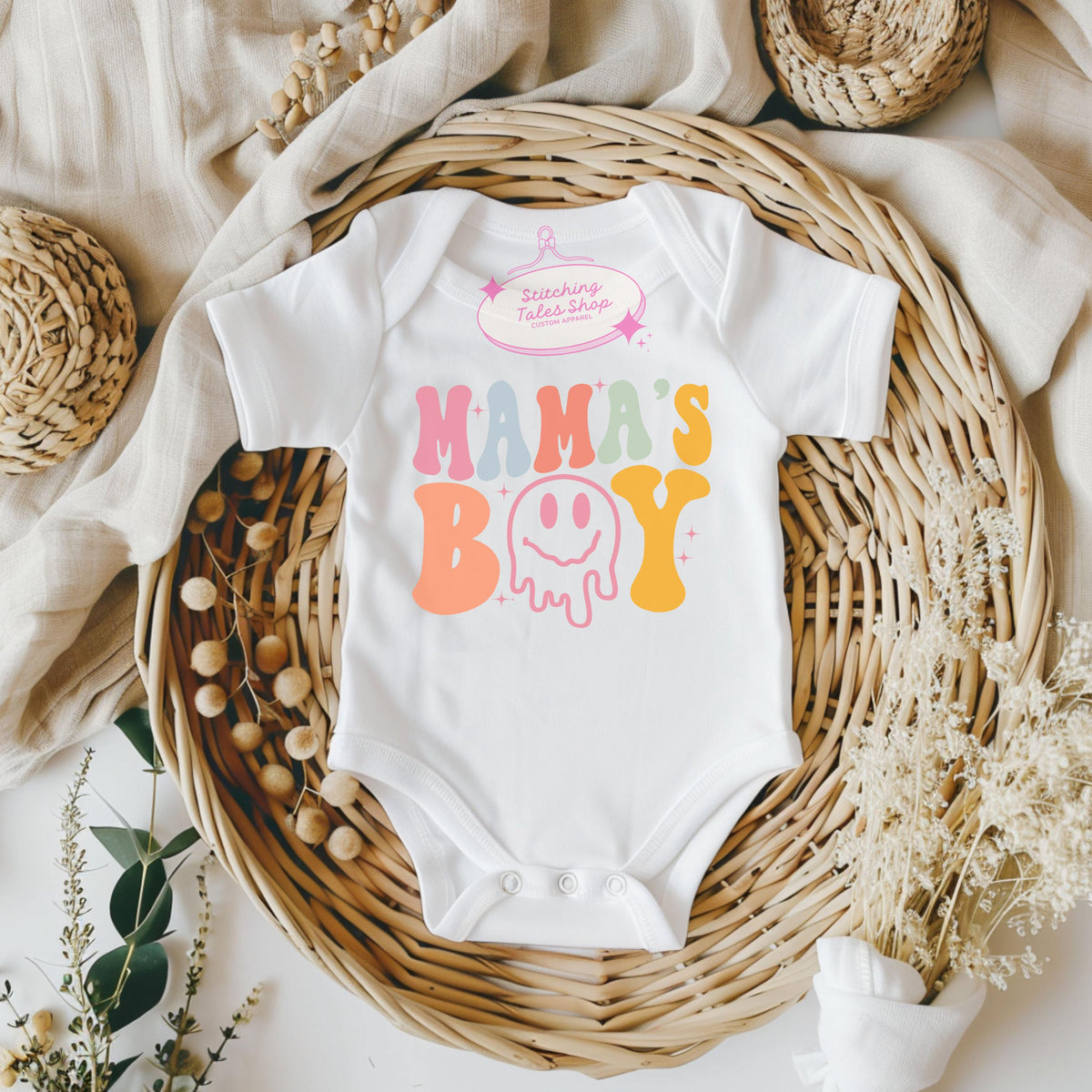Mama's Boy Baby Onesie, Retro Smiley Face Bodysuit
