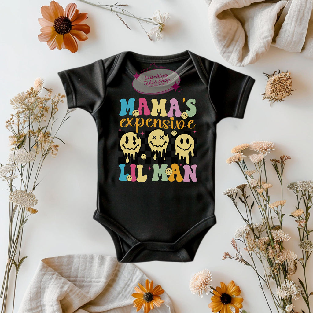Mama's Expensive Lil Man Baby Onesie, Retro Smiley Bodysuit
