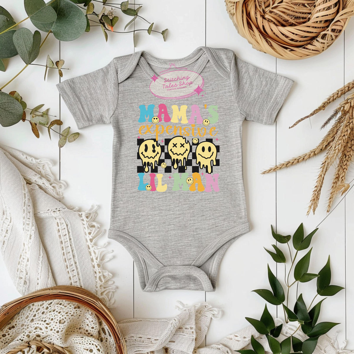 Mama's Expensive Lil Man Baby Onesie, Retro Smiley Bodysuit