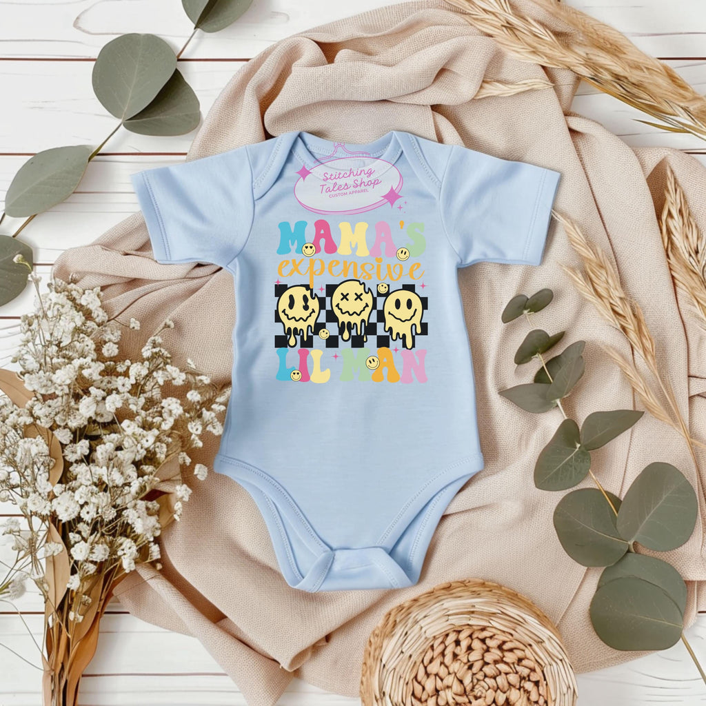 Mama's Expensive Lil Man Baby Onesie, Retro Smiley Bodysuit